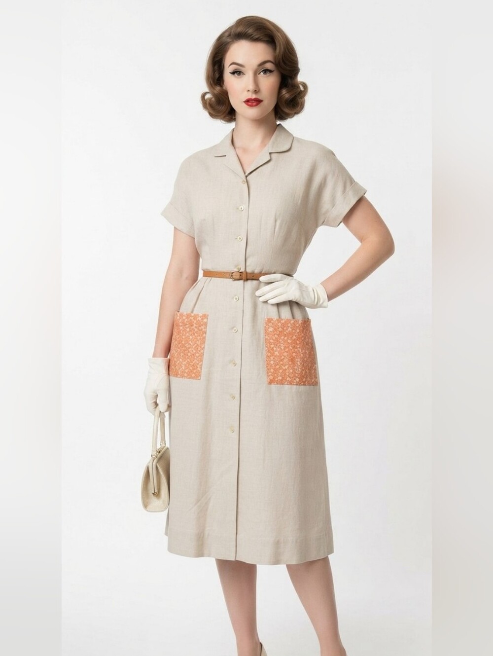 Vintage 50s L'Aiglon Linen Embroidered Shirt Dress Tan Orange Floral Button
